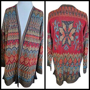 Peruvian Connection Tunic Cardigan Sweater Multi-color Metallic Pima Cotton M/L‎